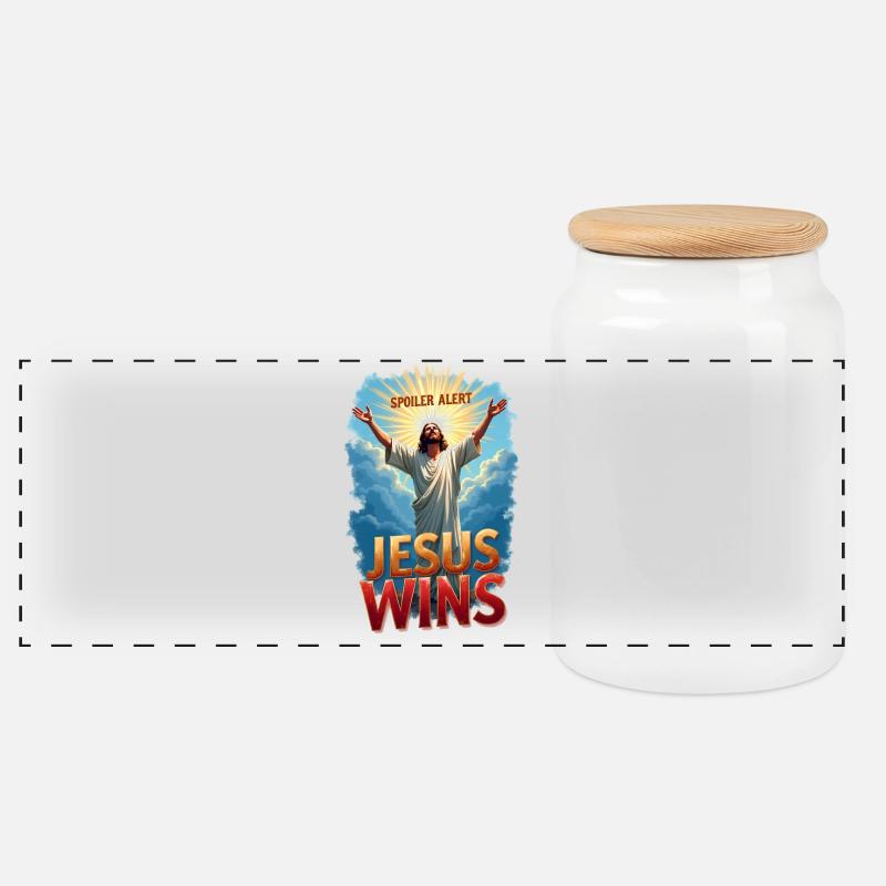 Spoiler Alert: Jesus Wins - Panoramic Cookie Jar with Wooden Lid - white