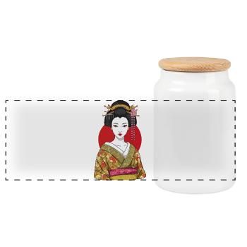 Elegant Geisha in Traditional Kimono with Red Sun - Panoramic Cookie Jar with Wooden Lid - white - Front