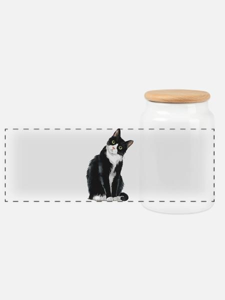 Schwarz-weiße Katze - Panorama Keksdose mit Holzdeckel - Weiß
