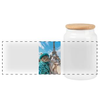 Stylish cats in Paris in winter - Panoramic Cookie Jar with Wooden Lid - white - Front