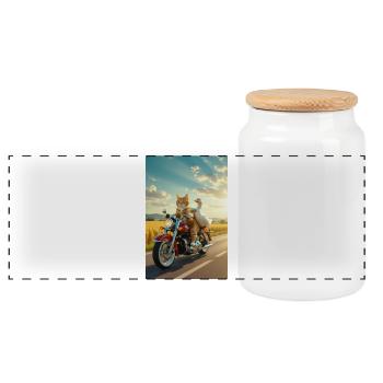 Katze und Gans auf einem Motorrad - Panorama Keksdose mit Holzdeckel - Weiß - Vorne