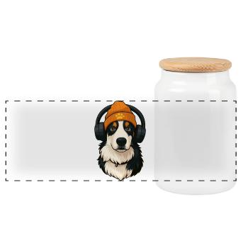 Australian Shepherd with cap and headphones - Panoramic Cookie Jar with Wooden Lid - white - Front