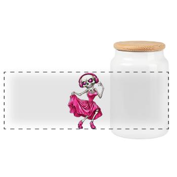 Crazy skeleton in pink dress and headphones :) - Panoramic Cookie Jar with Wooden Lid - white - Front