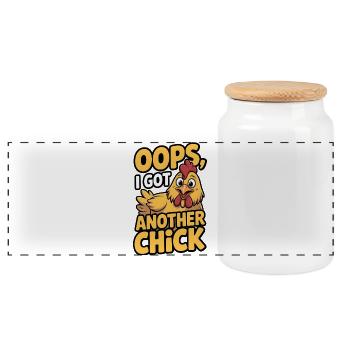 Oops I Got Another Chicken | Funny Farming Pun - Panoramic Cookie Jar with Wooden Lid - white - Front