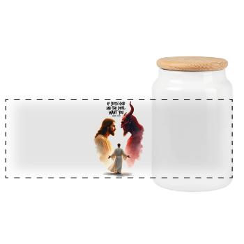 God's Choice Between Good and Evil - Panoramic Cookie Jar with Wooden Lid - white - Front