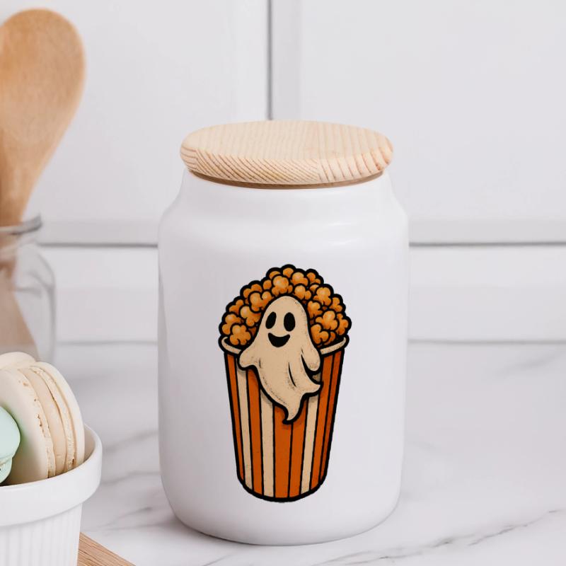 Fantôme de pop-corn dans le pot de pop-corn Boîte à biscuits avec couvercle en bois