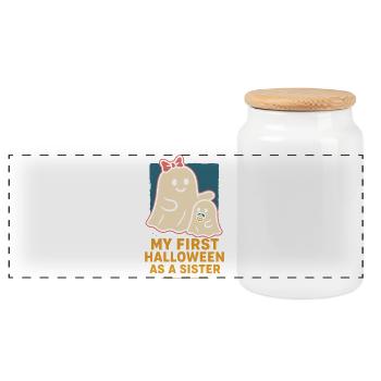 My First Halloween As A Sister Cute Ghost - Panoramic Cookie Jar with Wooden Lid - white - Front