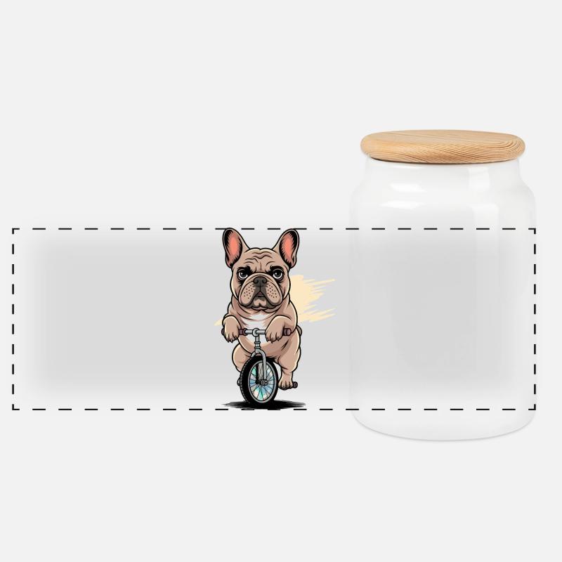 Bouledogue français sur monocycle Drôle de tyran - Boîte à biscuits avec couvercle en bois - blanc