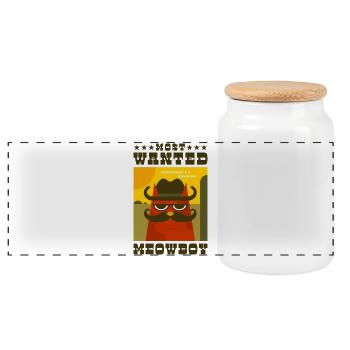 Most Wanted Meowboy Cowboy Cat - Panoramic Cookie Jar with Wooden Lid - white - Front
