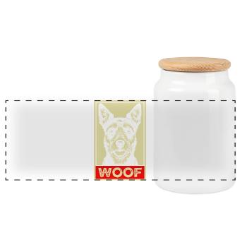 WOOF Propaganda Poster Dog Lover Funny Dog - Panorama Keksdose mit Holzdeckel - Weiß - Vorne