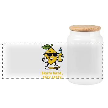 Zitrone auf Skateboard – Zesty Stil - Panorama Keksdose mit Holzdeckel - Weiß - Vorne