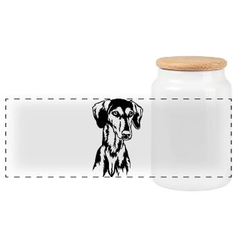 saluki head - Panoramic Cookie Jar with Wooden Lid - white - Front