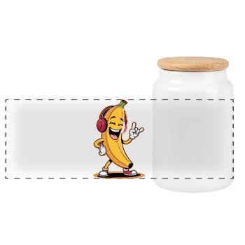 Banane joyeuse avec des écouteurs et une main de pierre - Boîte à biscuits avec couvercle en bois - blanc - Devant