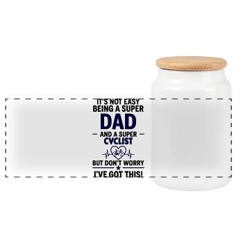 Heart + Cycling – Super Papa Cyclist - Panoramic Cookie Jar with Wooden Lid - white - Front