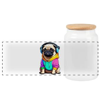 Pug with headphones and clothes - Panoramic Cookie Jar with Wooden Lid - white - Front