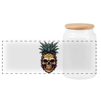 Tropical Pineapple Skull - Panoramic Cookie Jar with Wooden Lid - white - Front