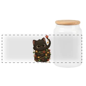Kätzchen mit Lichterkette Katze Weihnachtsmotiv - Panorama Keksdose mit Holzdeckel - Weiß - Vorne
