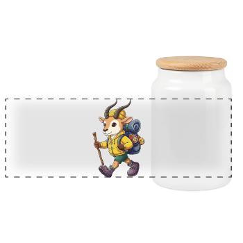 Cute Antelope Hiking Camping Adventure Backpacker - Panoramic Cookie Jar with Wooden Lid - white - Front