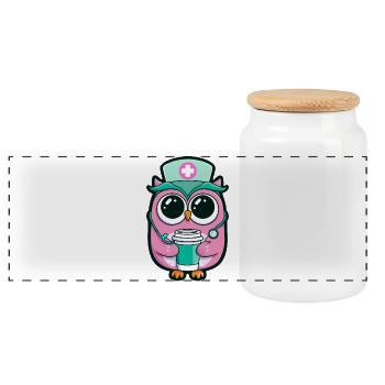 Kawaii Nurse Owl Coffee - Panoramic Cookie Jar with Wooden Lid - white - Front
