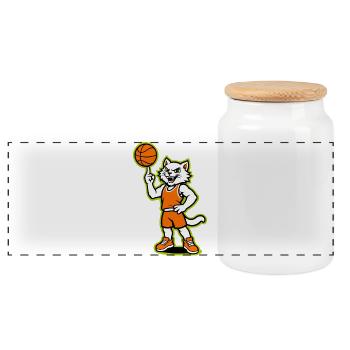 Mascotte chat de basket-ball en orange - Boîte à biscuits avec couvercle en bois - blanc - Devant