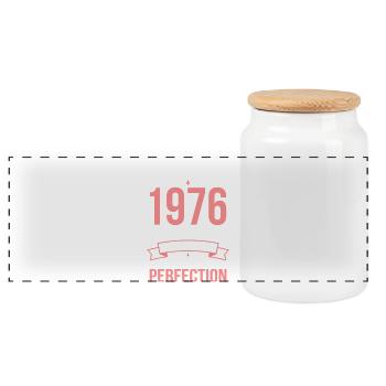 1976 – Aged to perfection - Panoramic Cookie Jar with Wooden Lid - white - Front