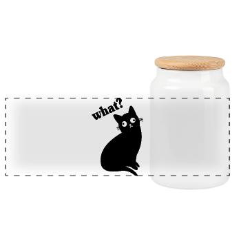 Funny Black Cat What - Panoramic Cookie Jar with Wooden Lid - white - Front