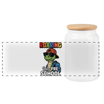 Roaring into Preschool Dinosaur Back to School - Panoramic Cookie Jar with Wooden Lid - white - Front