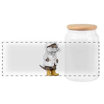 Cute Otter in Raincoat & Boots - Panoramic Cookie Jar with Wooden Lid - white - Front