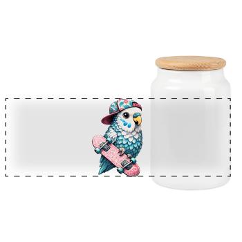 Cooler Skateboard-Vogel mit Cap – Streetstyle Desi - Panorama Keksdose mit Holzdeckel - Weiß - Vorne