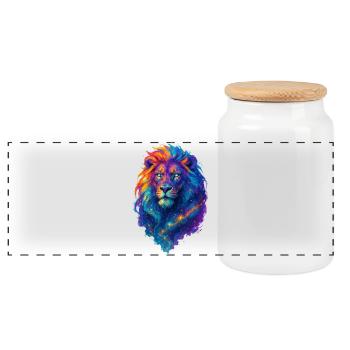 Farbenfroher kosmischer Löwe – Art Pop Farben - Panorama Keksdose mit Holzdeckel - Weiß - Vorne