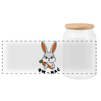 QW NAĆ - Angry White Rabbit (funny pun) - Panoramic Cookie Jar with Wooden Lid - white - Front