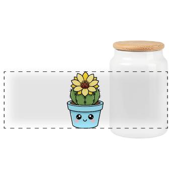 Kawaii Cactus in Bloom Pot - Panoramic Cookie Jar with Wooden Lid - white - Front