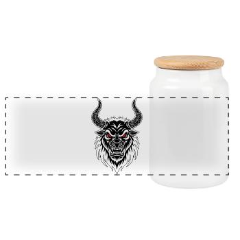 Fighting Bull Totem Horns Ornate Red Eyes - Panoramic Cookie Jar with Wooden Lid - white - Front