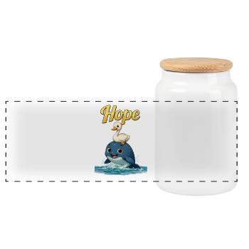 Bird of hope on whale – cute sea duo - Panoramic Cookie Jar with Wooden Lid - white - Front