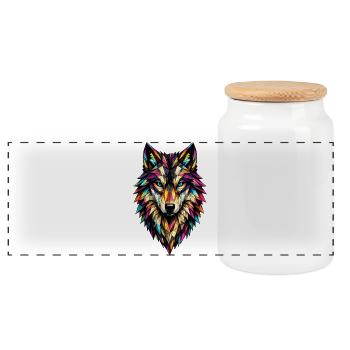 Farbgeometrischer Wolf - Panorama Keksdose mit Holzdeckel - Weiß - Vorne