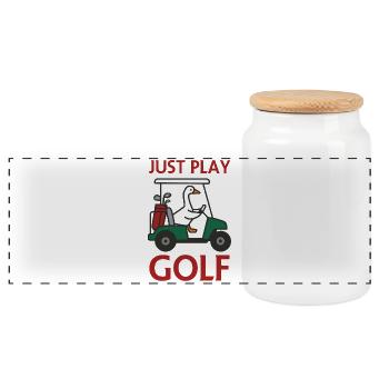 Une oie dans une voiturette de golf – Jouez simplement au golf - Boîte à biscuits avec couvercle en bois - blanc - Devant