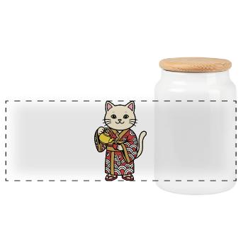 Chat japonais avec du thé - Boîte à biscuits avec couvercle en bois - blanc - Devant