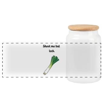 Pun: Shoot Me But Leek - Panoramic Cookie Jar with Wooden Lid - white - Front
