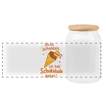 Schokolade dabei: Nicht schubsen! Einschulung - Panorama Keksdose mit Holzdeckel - Weiß - Vorne