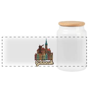 Gdansk Poland Crane Waterfront Retro Sticker - Panoramic Cookie Jar with Wooden Lid - white - Front