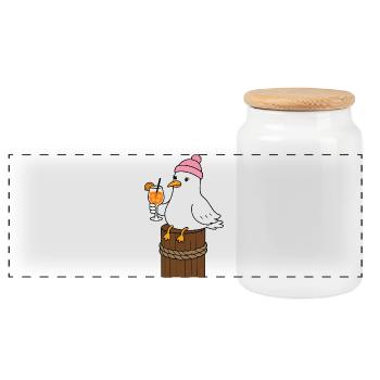 Seagull with cap and cocktail - Panoramic Cookie Jar with Wooden Lid - white - Front