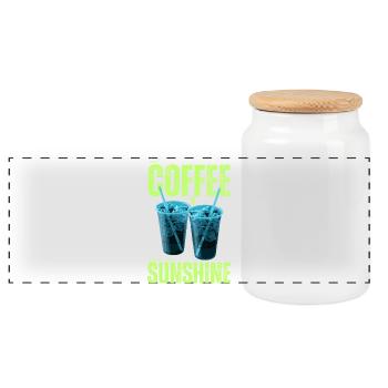 "Iced Coffee & Sunshine Everyday" Colorful Coffee - Panoramic Cookie Jar with Wooden Lid - white - Front
