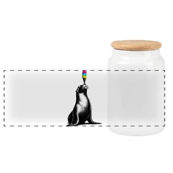 Seelöwe mit Eis im Stencil Style   - Panorama Keksdose mit Holzdeckel - Weiß - Vorne