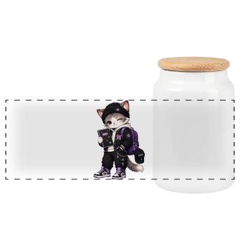 Lila Schülerkatze und Sterne - Panorama Keksdose mit Holzdeckel - Weiß - Vorne
