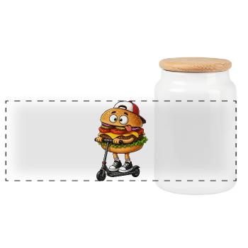 Lustiger Cartoon Roller Scooter mit Burger - Panorama Keksdose mit Holzdeckel - Weiß - Vorne