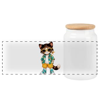 Hawaiian Tropical Cat Yellow Glasses - Panoramic Cookie Jar with Wooden Lid - white - Front