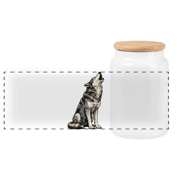 Howling Wolf Illustration - Panoramic Cookie Jar with Wooden Lid - white - Front