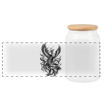 Japanese Phoenix Houou in Irezumi Style - Panoramic Cookie Jar with Wooden Lid - white - Front