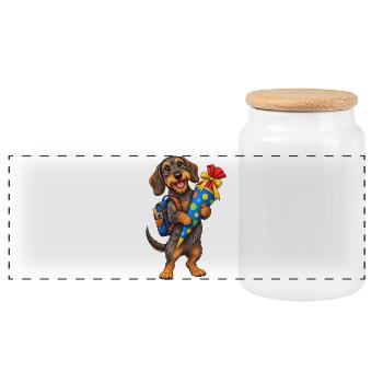 Dachshund Back to School – School Enrollment with School Cone - Panoramic Cookie Jar with Wooden Lid - white - Front