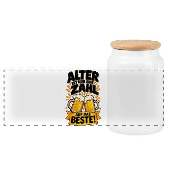 Alter ist nur eine Zahl – Prost - Panorama Keksdose mit Holzdeckel - Weiß - Vorne